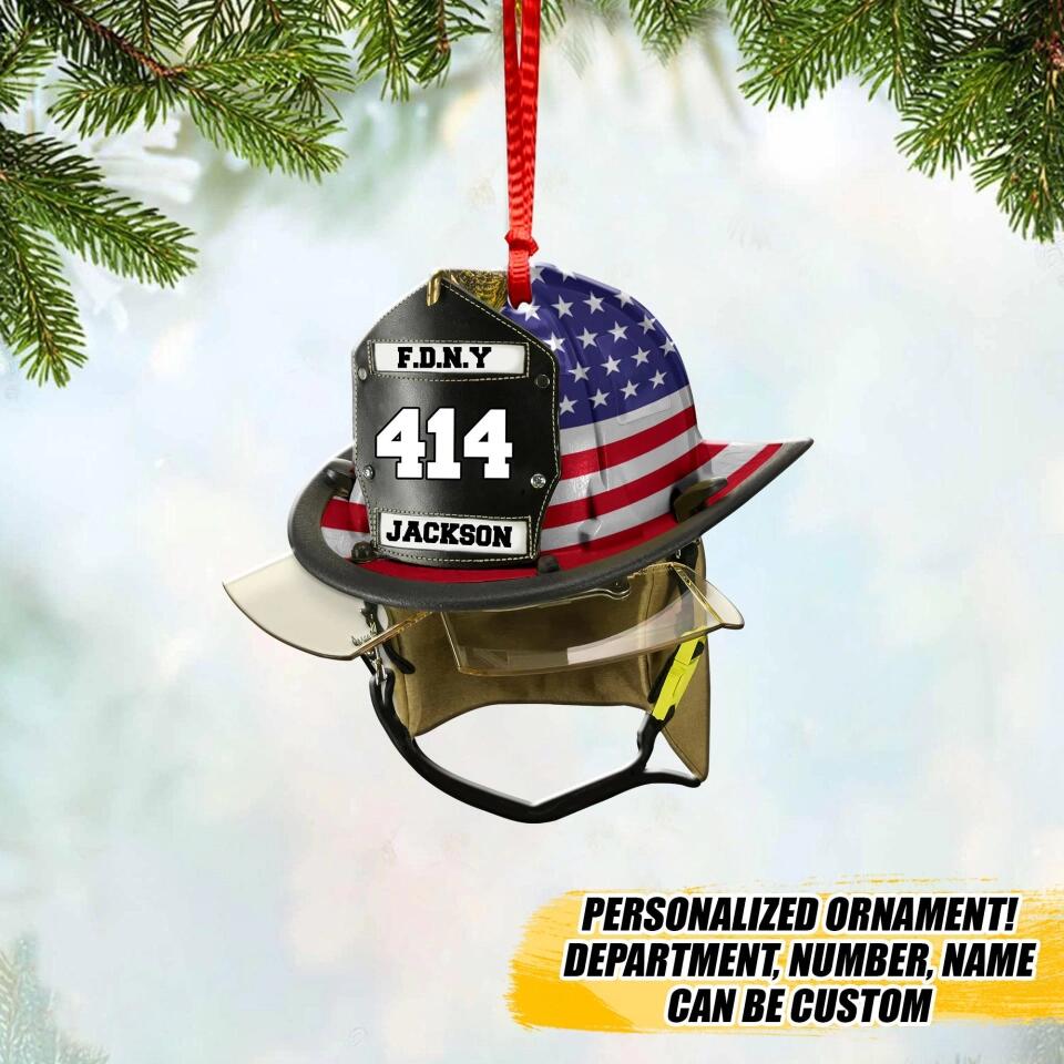 Personalized US Firefighter Helmet With Department Number and Name Christmas Wood Ornament Printed QTVQ2909