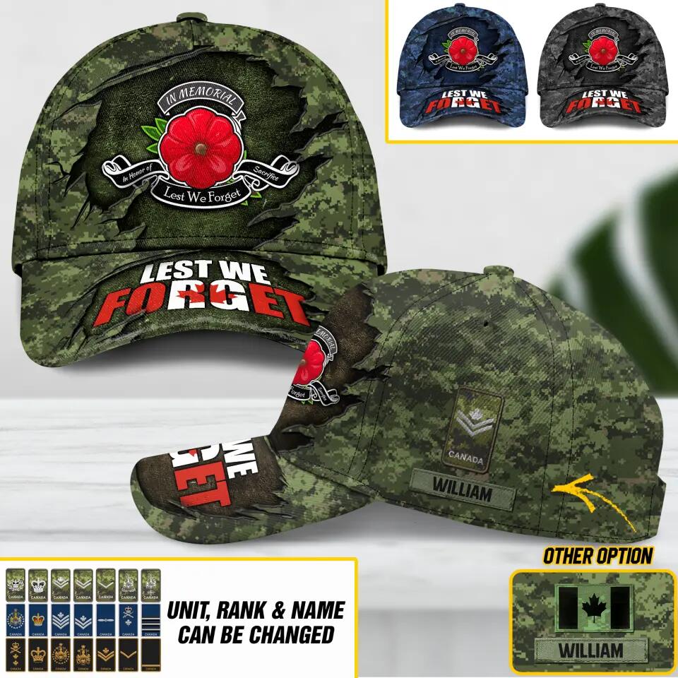 Personalized Canadian Veteran/ Solider Lest We Forget Camo Rank Peaked Cap 3D Printed QTDT2710