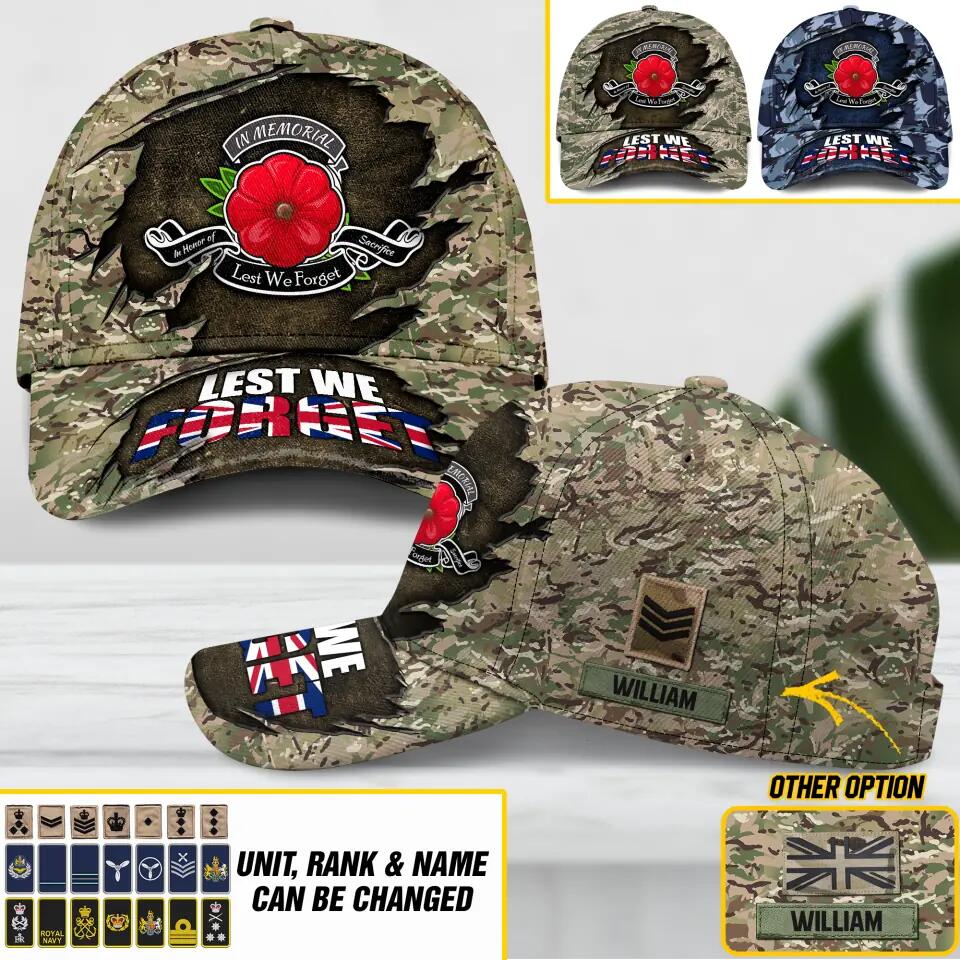 Personalized UK Veteran/ Solider Lest We Forget Camo Rank Peaked Cap 3D Printed QTDT2710