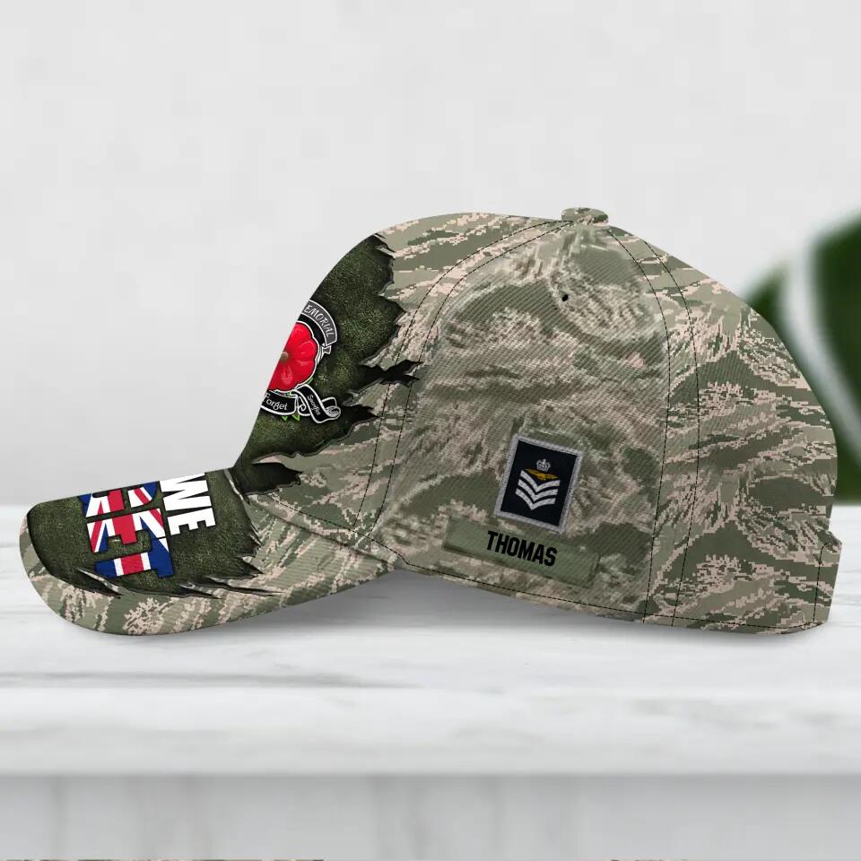 Personalized UK Veteran/ Solider Lest We Forget Camo Rank Peaked Cap 3D Printed QTDT2710