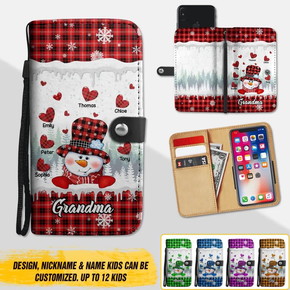 Personalized Grandma Nana Mommy Snowman Kid Name Heart Caro Phone Leather Wallet 22NOV-DT10