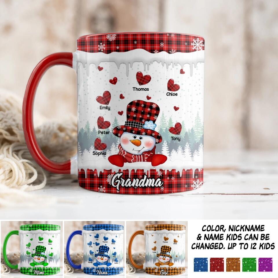 Personalized Grandma Snowman Kid Name Heart Caro Printed Accent Mug 22NOV-DT17