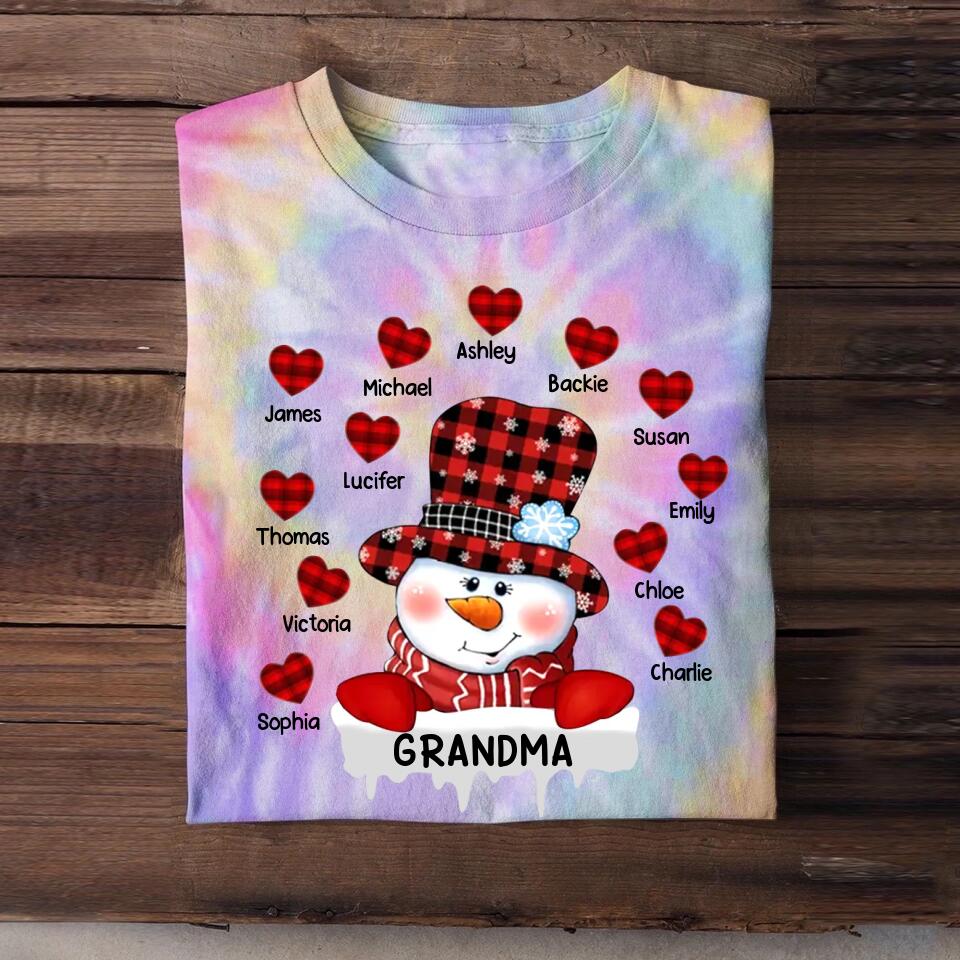 Personalized Grandma Snowman Kid Name Heart Christmas Printed Tie Dye Tshirts 22NOV-DT21