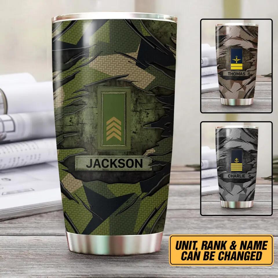 Personalized Sweden Veteran/Soldier Rank Tear Camo Tumbler Printed 22NOV-HY24