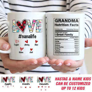 Personalized Grandma Nutrition Facts Love & Kid Name Mug Printed QTDT0712