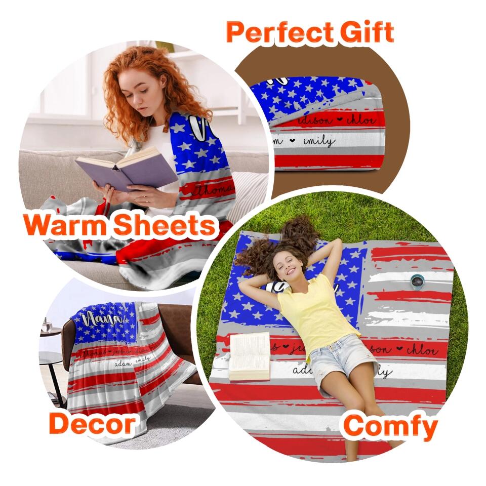 Personalized Grandma & Kid's Name Flag Quilt Blanket Printed QTDT2812