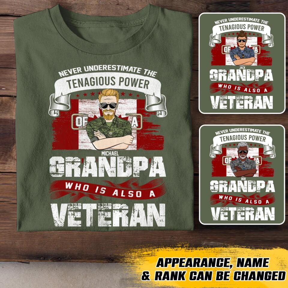 Personalized Never Underestimate The Tenagious Power Grandpa Who is Also A Veteran Canadian Soldier/Veteran Rank Camo Printed Tshirts QTVD0402