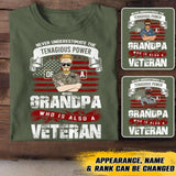 Personalized Never Underestimate The Tenagious Power Grandpa Who is Also A Veteran US Soldier/Veteran Rank Camo Printed Tshirts QTVD0402