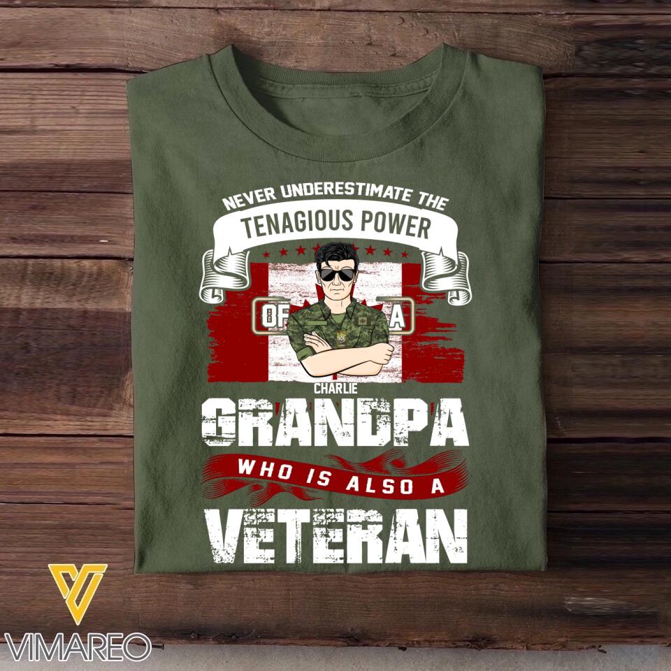 Personalized Never Underestimate The Tenagious Power Grandpa Who is Also A Veteran Canadian Soldier/Veteran Rank Camo Printed Tshirts QTVD0402