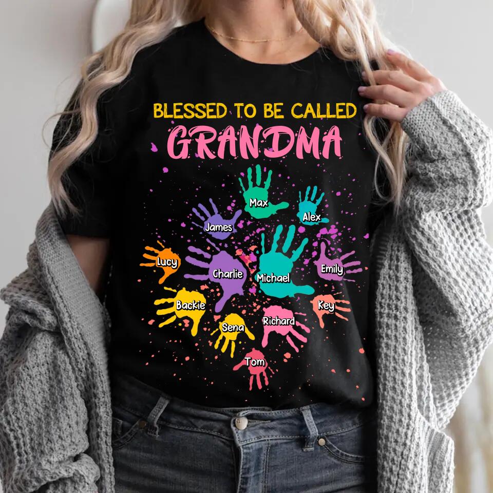 Personalized Blessed To Be Called Grandma Kid Name Hand  Tshirt Printed PNHQ1002