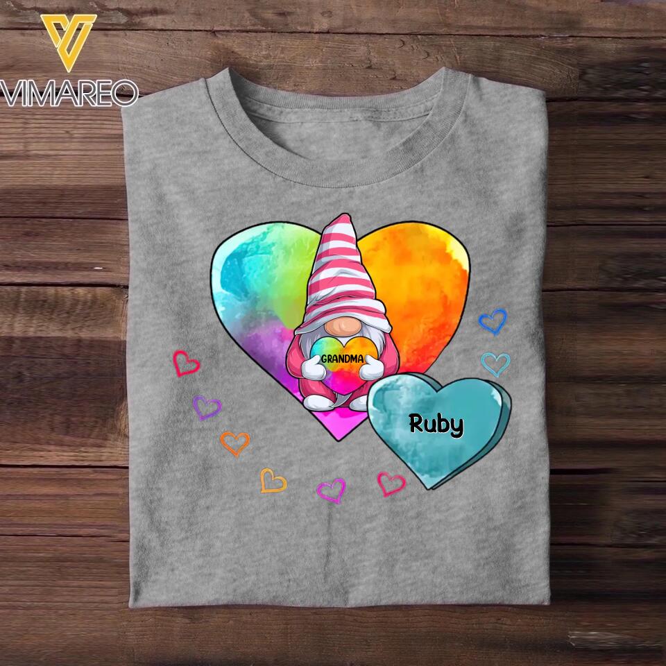 Personalized Grandma Gnome Hearts & Kid's Name Tshirt Printed 23FEB-VD13