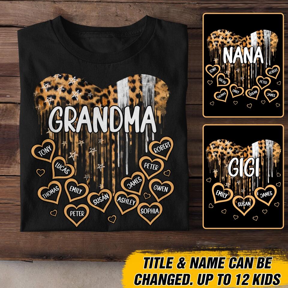 Personalized Grandma Kid Name Leopard Heart Tshirt Printed QTVD1502