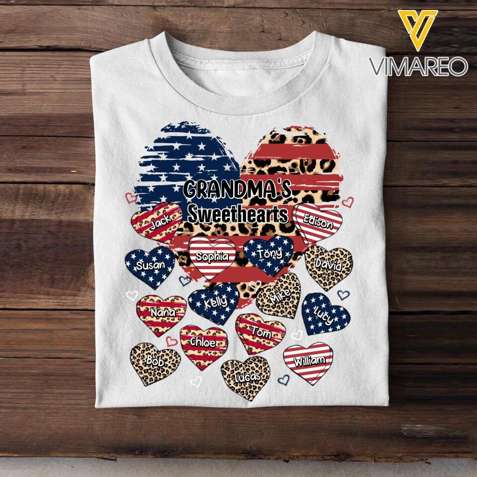 Personalized Grandma's Sweethearts with US Flag & Kid's Name Tshirt Printed 23FEB-VD18