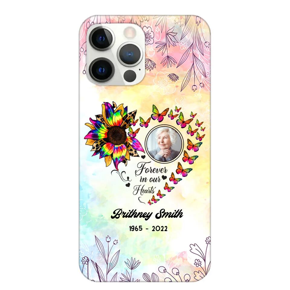 Memorial Upload Photo, Sunflower Heart Forever In Our Hearts Personalized Phone case Printed QTHQ2002