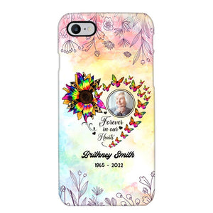 Memorial Upload Photo, Sunflower Heart Forever In Our Hearts Personalized Phone case Printed QTHQ2002