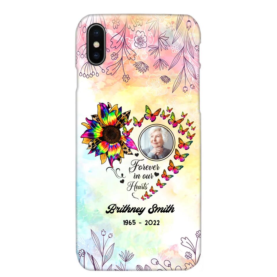 Memorial Upload Photo, Sunflower Heart Forever In Our Hearts Personalized Phone case Printed QTHQ2002