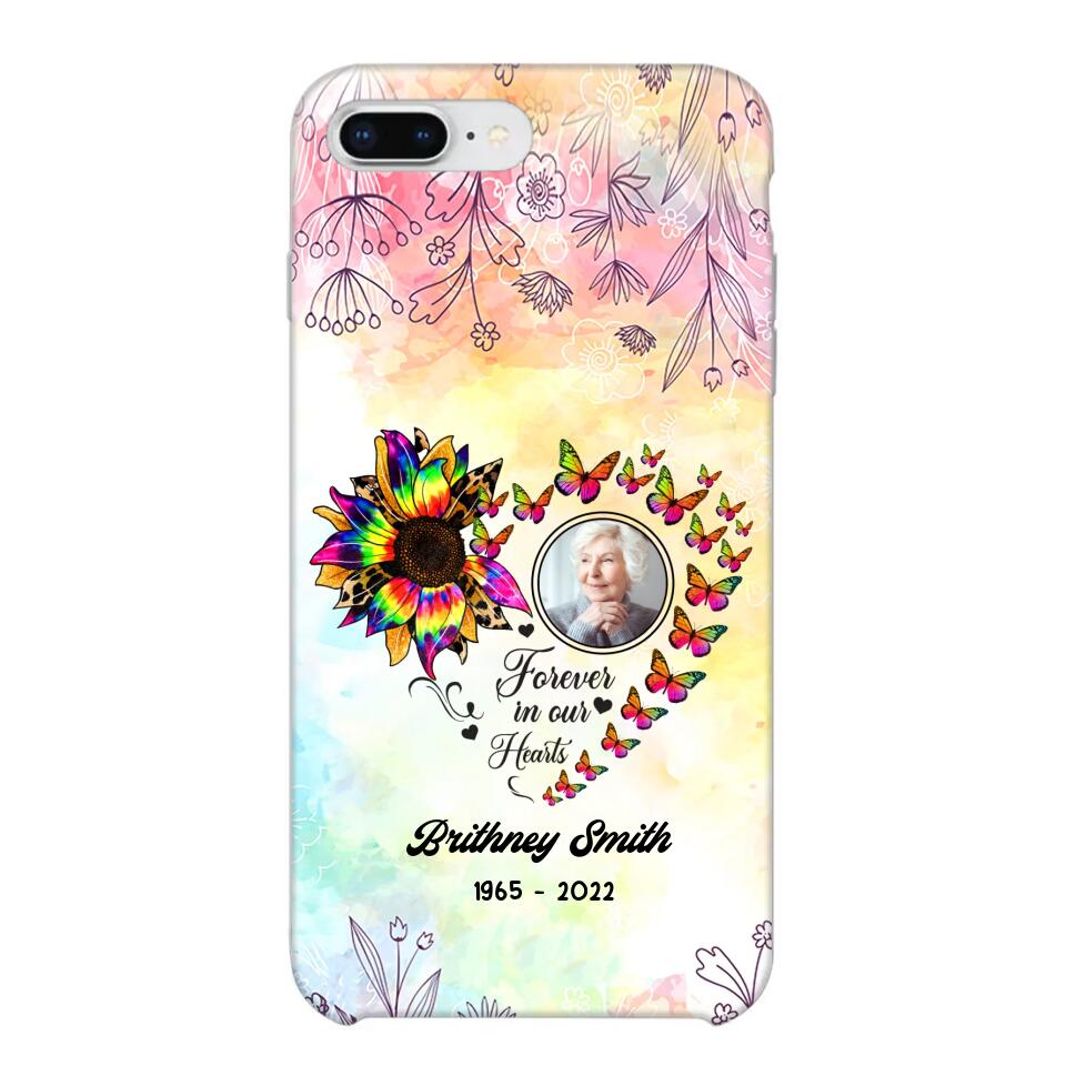 Memorial Upload Photo, Sunflower Heart Forever In Our Hearts Personalized Phone case Printed QTHQ2002