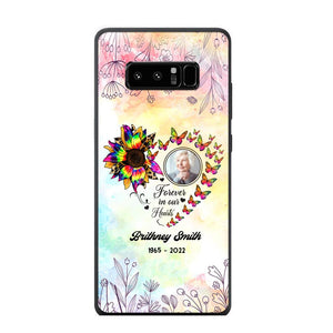 Memorial Upload Photo, Sunflower Heart Forever In Our Hearts Personalized Phone case Printed QTHQ2002