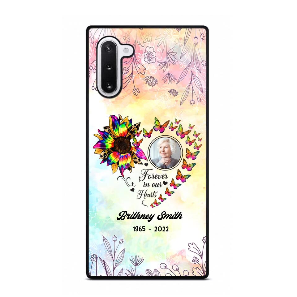 Memorial Upload Photo, Sunflower Heart Forever In Our Hearts Personalized Phone case Printed QTHQ2002