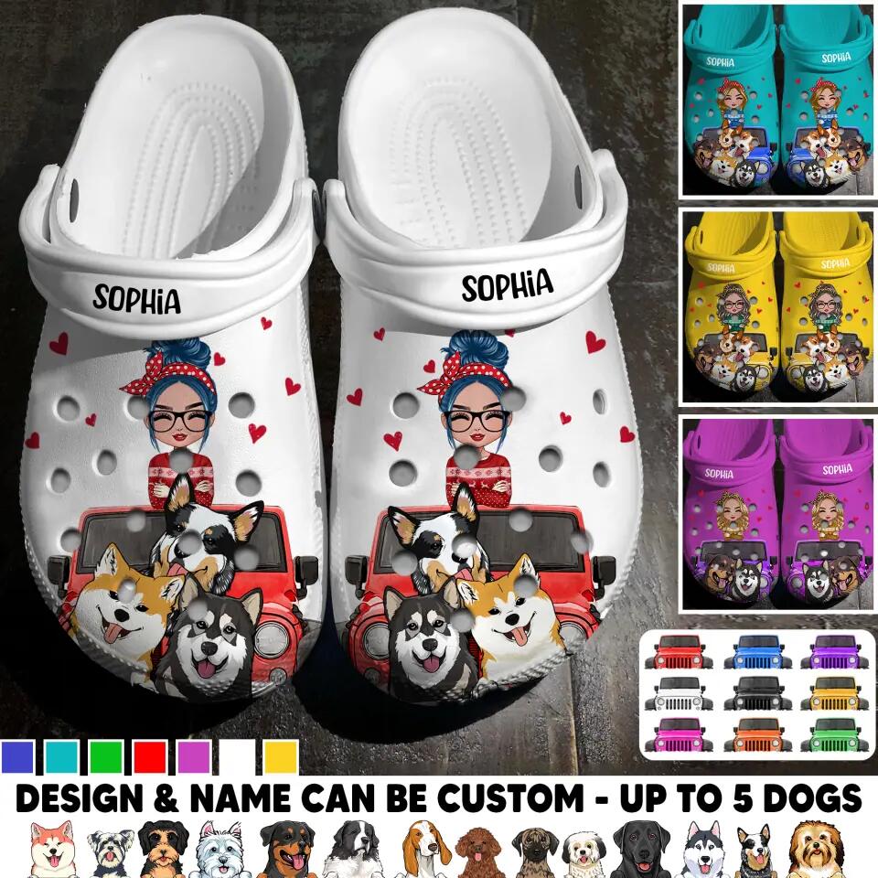 Personalized Dog Jeep Lovers With Girl Colorful Background Paw Name Clog Slipper Shoes Printed PNHQ2302