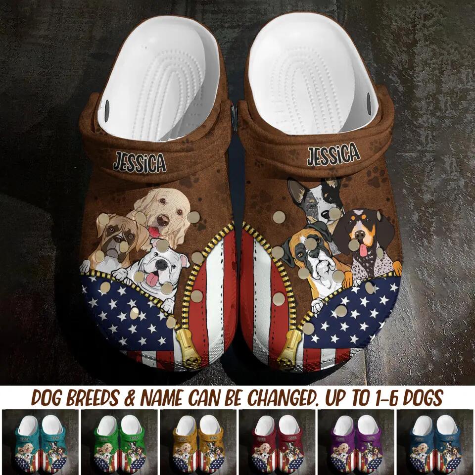 Personalized Dog Lovers With US Flag Colorful Background Paw Name Clog Slipper Shoes Printed PNDT2402