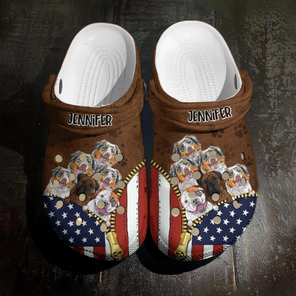 Personalized Dog Lovers With US Flag Colorful Background Paw Name Clog Slipper Shoes Printed PNDT2402