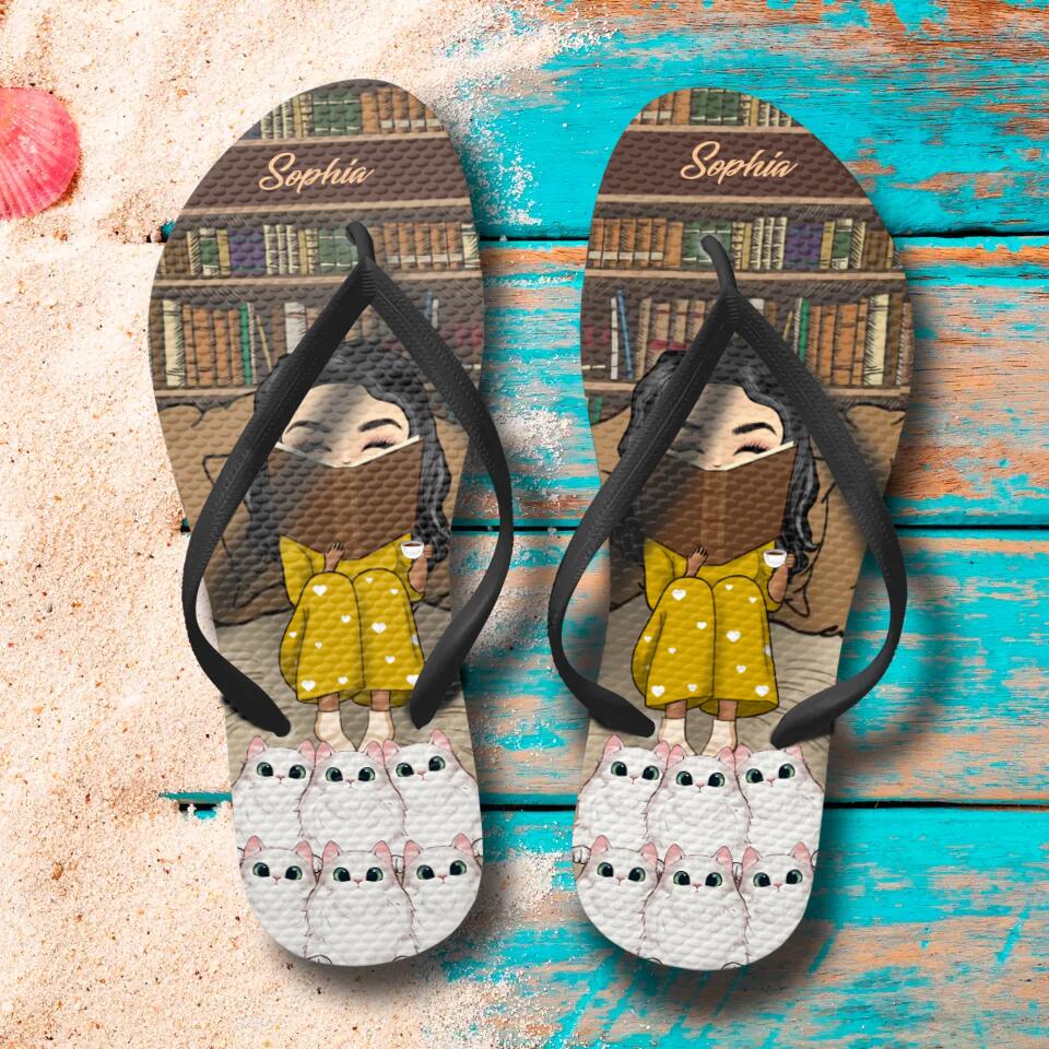 Personalized Girl Reads Book with Cats Flip Flops Printed PNHQ0203