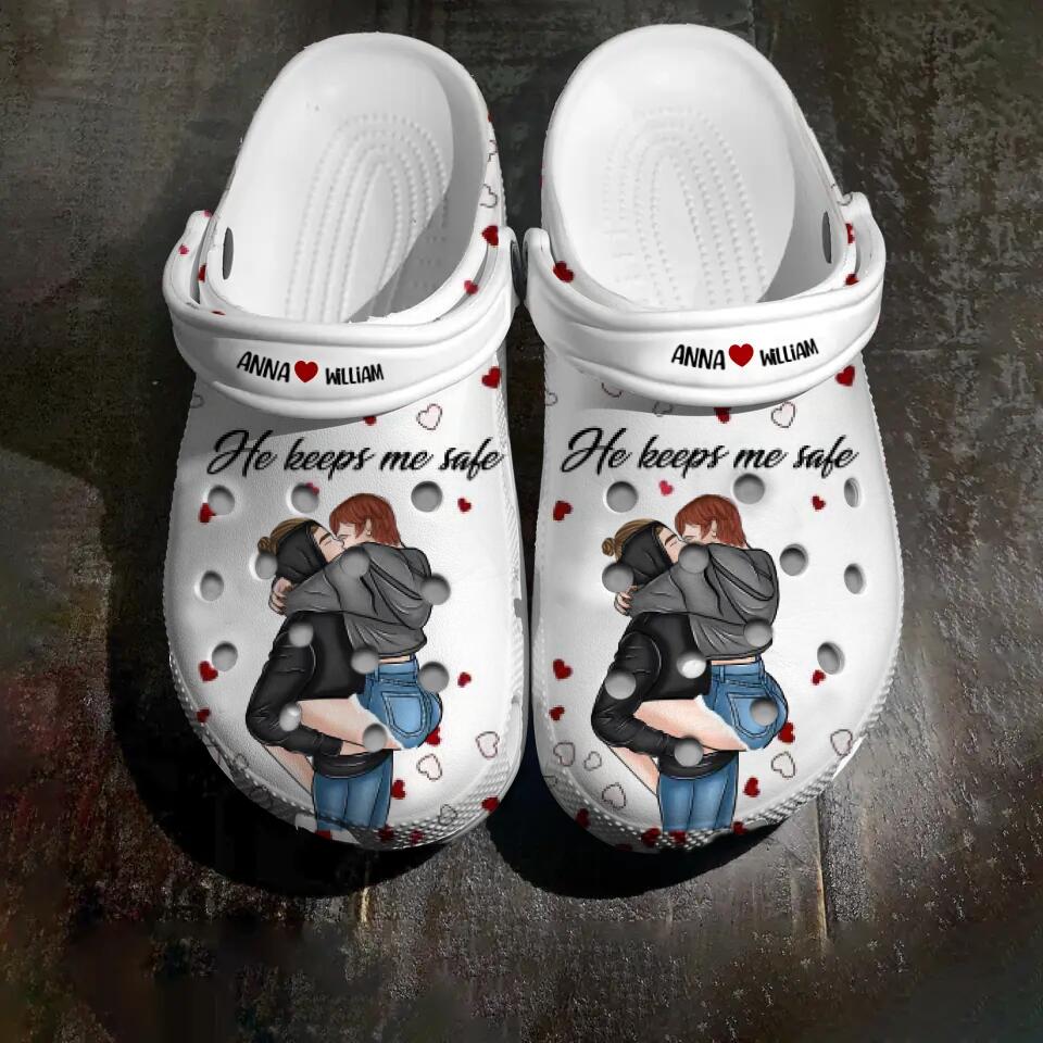 Personalized He Keeps Me Safe Couple & Name Clog Slipper Shoes Printed PNQH2302