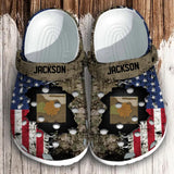 Personalized US Soldier/ Veteran Rank Camo Flag Clog Slipper Shoes Printed 23MAR-HQ09