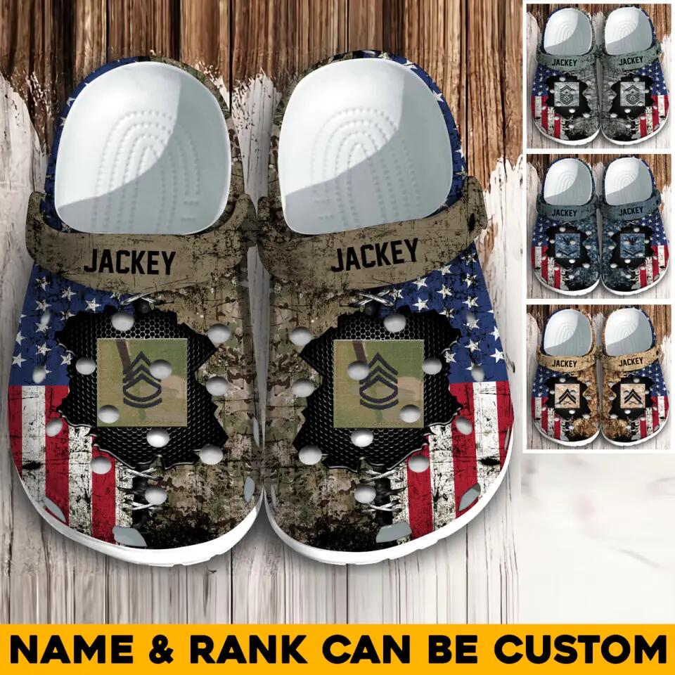 Personalized US Soldier/ Veteran Rank Camo Flag Clog Slipper Shoes Printed 23MAR-HQ09