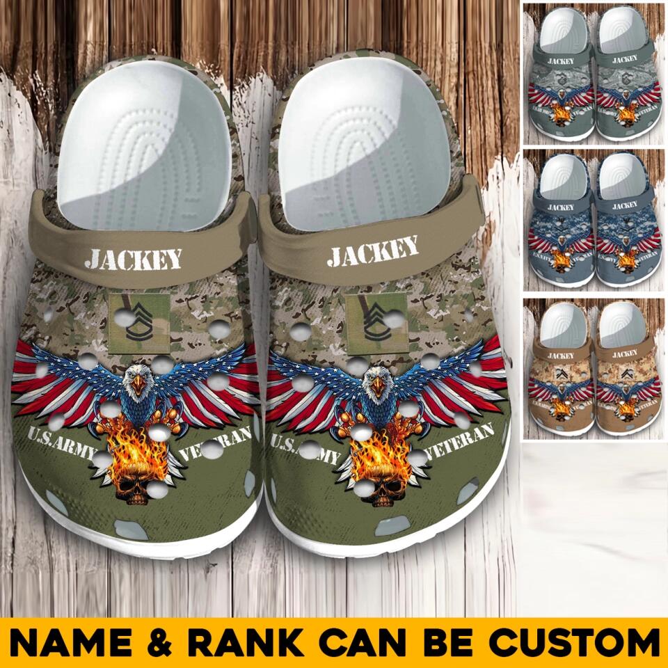 Personalized Eagle and Fire Skull US Soldier/ Veteran Rank Camo Clog Slipper Shoes Printed 23MAR-HQ09