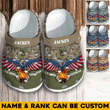 Personalized Eagle and Fire Skull US Soldier/ Veteran Rank Camo Clog Slipper Shoes Printed 23MAR-HQ09