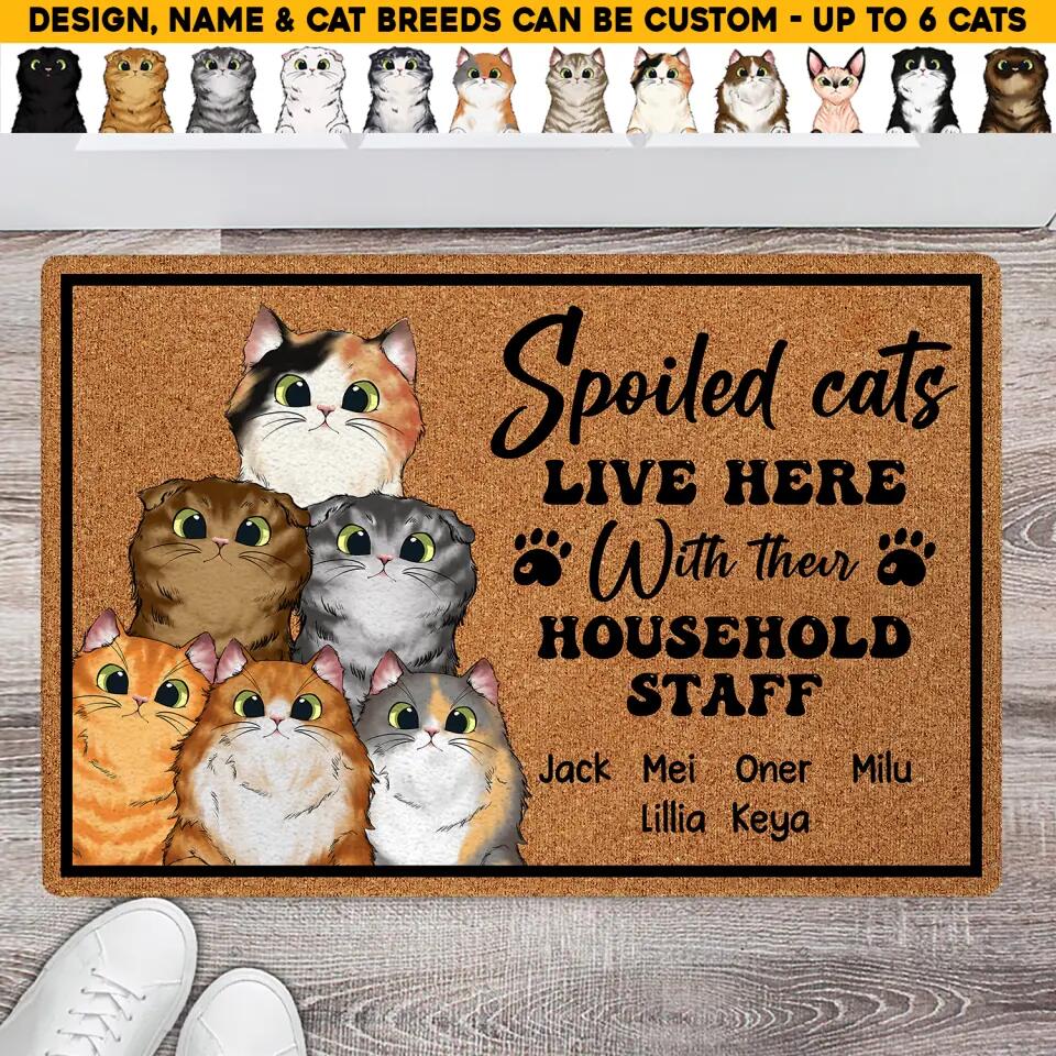 Personalized Spoiled Cats Live Here With Their Household Staff Welcome Doormat Printed QTHQ1503 copy