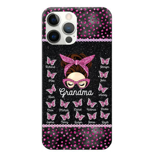 Personalized Grandma Nana Mom Aunt Pink Glam Glitter Buttterfly & Kid's Name Phonecase Printed PNDT2003