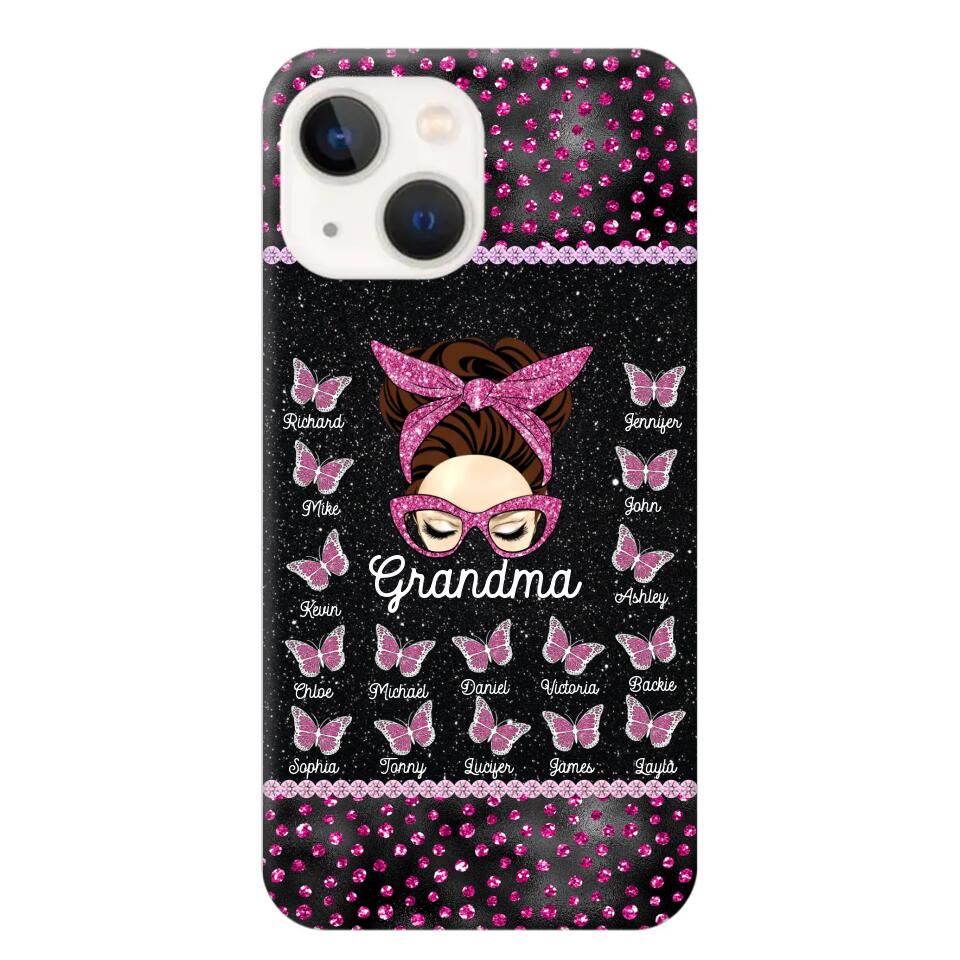 Personalized Grandma Nana Mom Aunt Pink Glam Glitter Buttterfly & Kid's Name Phonecase Printed PNDT2003