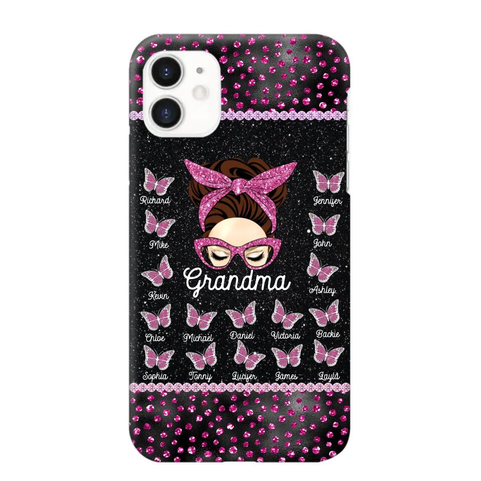 Personalized Grandma Nana Mom Aunt Pink Glam Glitter Buttterfly & Kid's Name Phonecase Printed PNDT2003