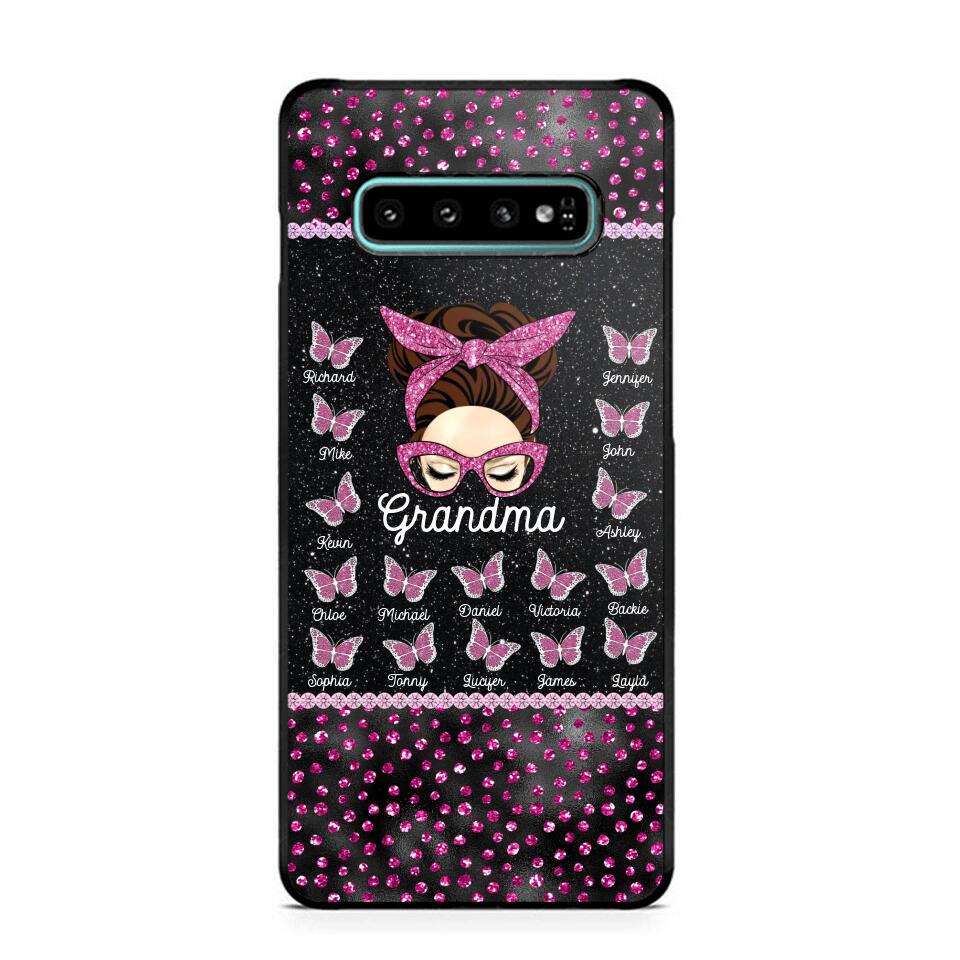 Personalized Grandma Nana Mom Aunt Pink Glam Glitter Buttterfly & Kid's Name Phonecase Printed PNDT2003