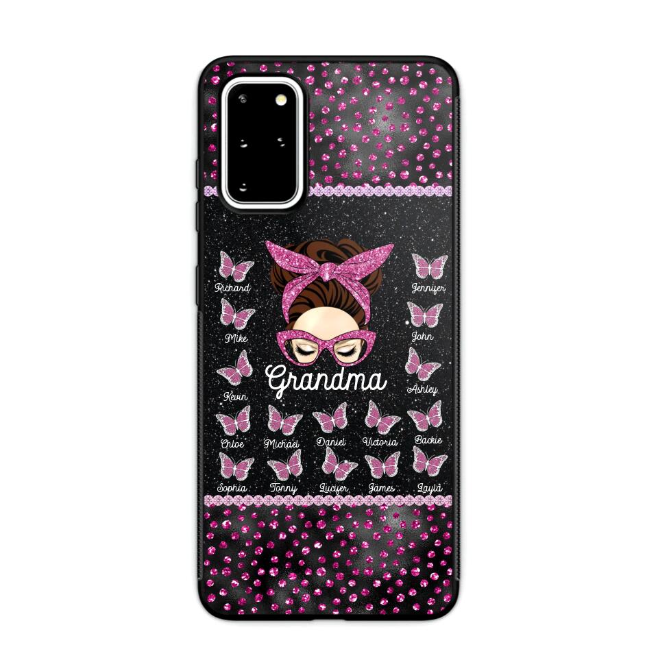 Personalized Grandma Nana Mom Aunt Pink Glam Glitter Buttterfly & Kid's Name Phonecase Printed PNDT2003