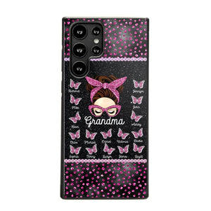 Personalized Grandma Nana Mom Aunt Pink Glam Glitter Buttterfly & Kid's Name Phonecase Printed PNDT2003