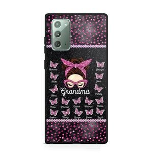 Personalized Grandma Nana Mom Aunt Pink Glam Glitter Buttterfly & Kid's Name Phonecase Printed PNDT2003