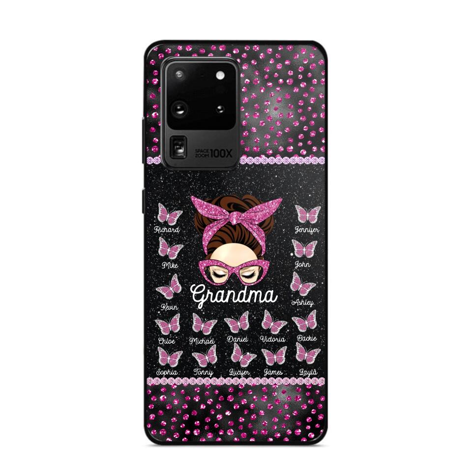 Personalized Grandma Nana Mom Aunt Pink Glam Glitter Buttterfly & Kid's Name Phonecase Printed PNDT2003