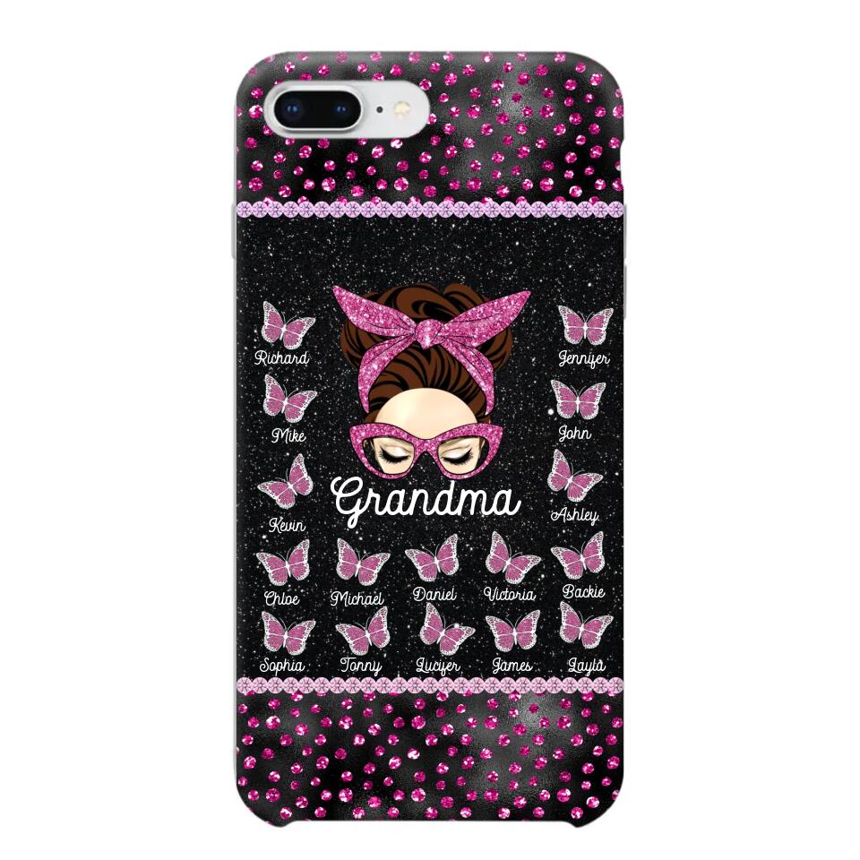 Personalized Grandma Nana Mom Aunt Pink Glam Glitter Buttterfly & Kid's Name Phonecase Printed PNDT2003