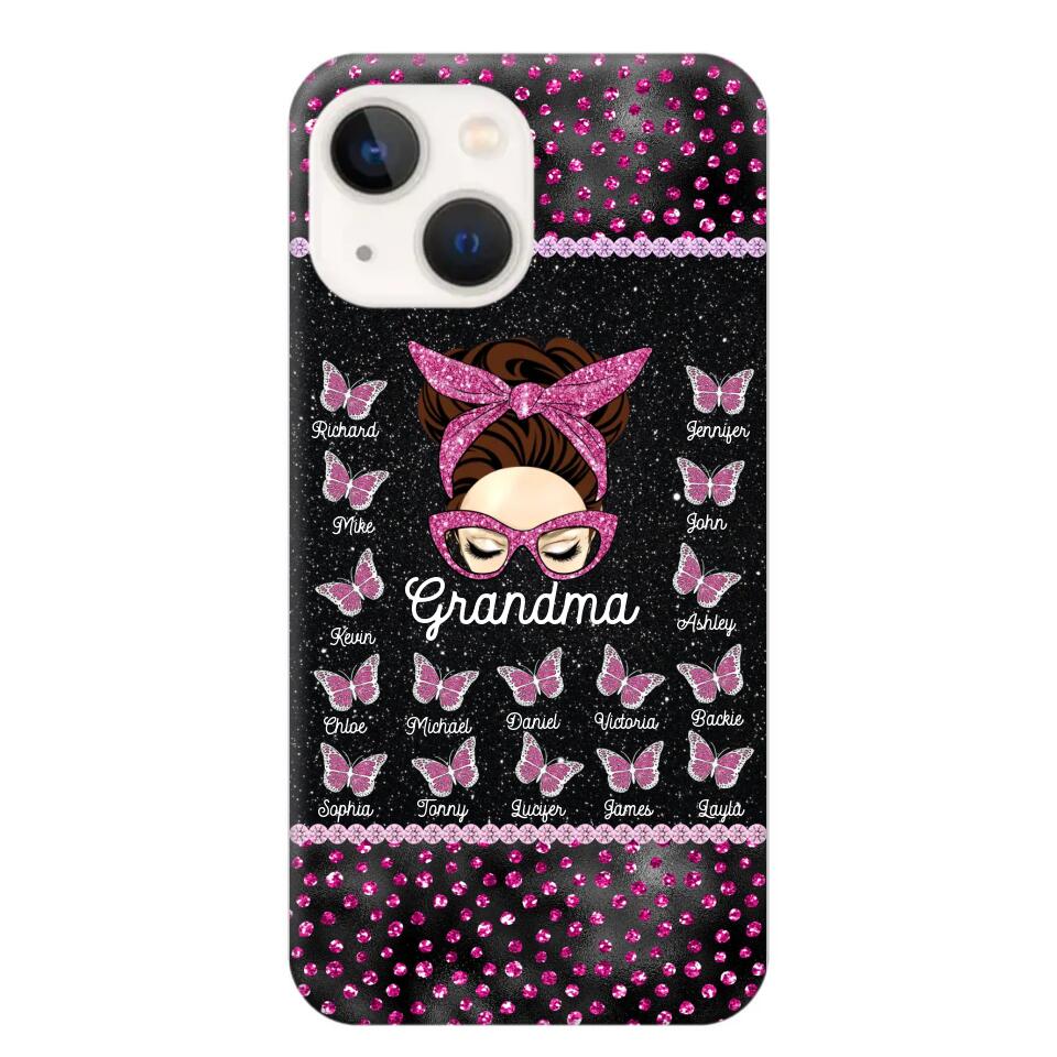 Personalized Grandma Nana Mom Aunt Pink Glam Glitter Buttterfly & Kid's Name Phonecase Printed PNDT2003