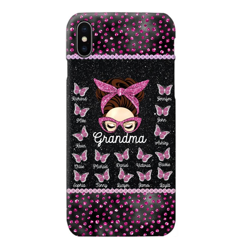 Personalized Grandma Nana Mom Aunt Pink Glam Glitter Buttterfly & Kid's Name Phonecase Printed PNDT2003