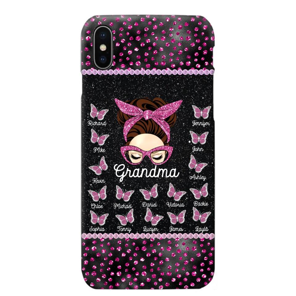 Personalized Grandma Nana Mom Aunt Pink Glam Glitter Buttterfly & Kid's Name Phonecase Printed PNDT2003