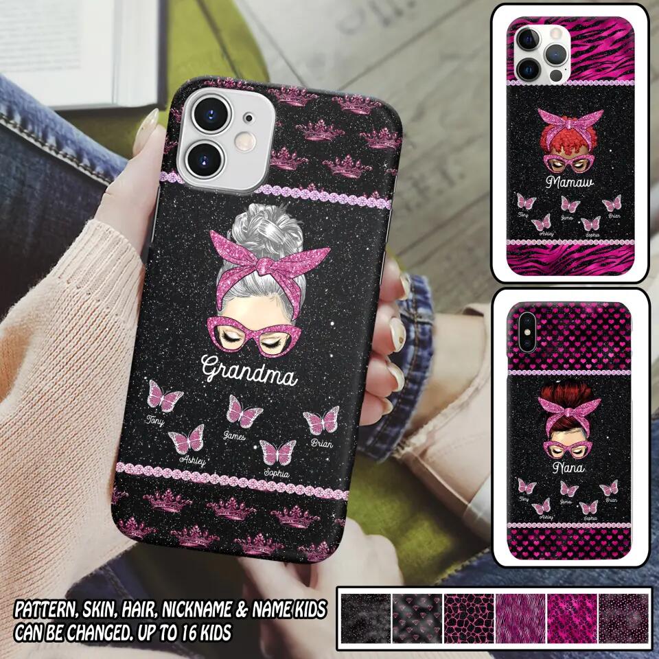 Personalized Grandma Nana Mom Aunt Pink Glam Glitter Buttterfly & Kid's Name Phonecase Printed PNDT2003