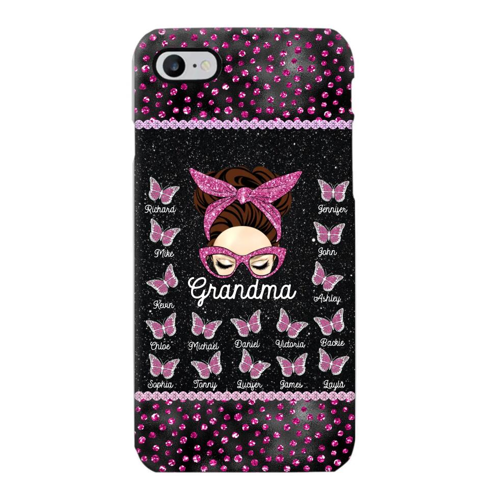 Personalized Grandma Nana Mom Aunt Pink Glam Glitter Buttterfly & Kid's Name Phonecase Printed PNDT2003