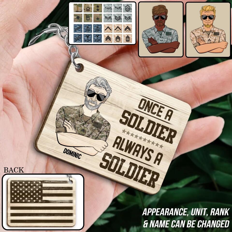 Personalized Once A Soldier Always A Soldier US Veteran/Soldier Rank Camo & Old Man Keychain Printed 23MAR-DT21