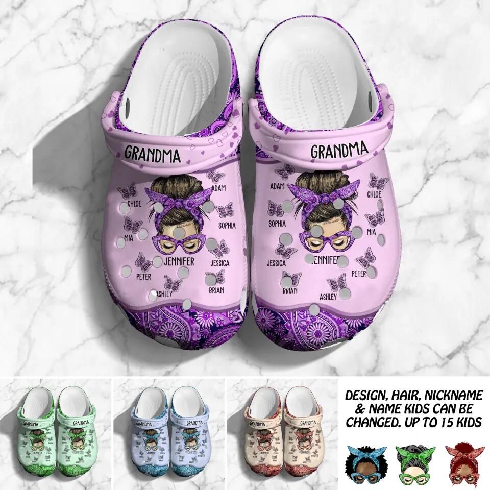 Personalized Grandma Aunt Nana Mom Kid Name Butterfly Clog Slipper Shoes Printed 23MAR-DT28