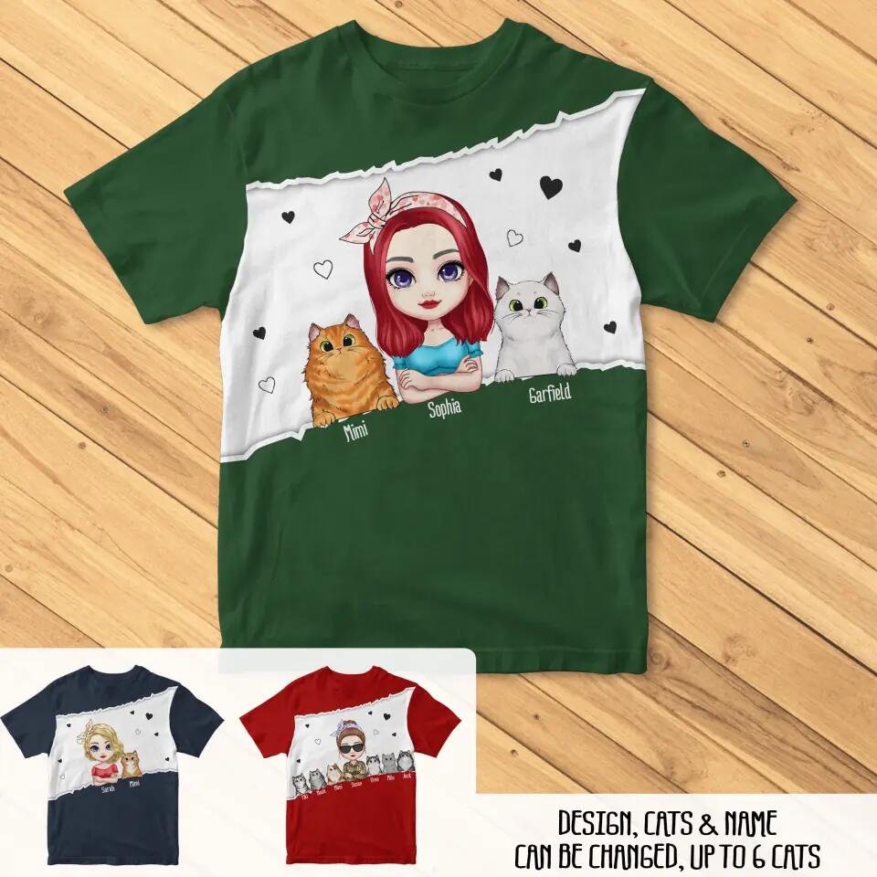 Personalized Girl With Cats Cat Lovers Tshirt 3D Printed PNDT3103